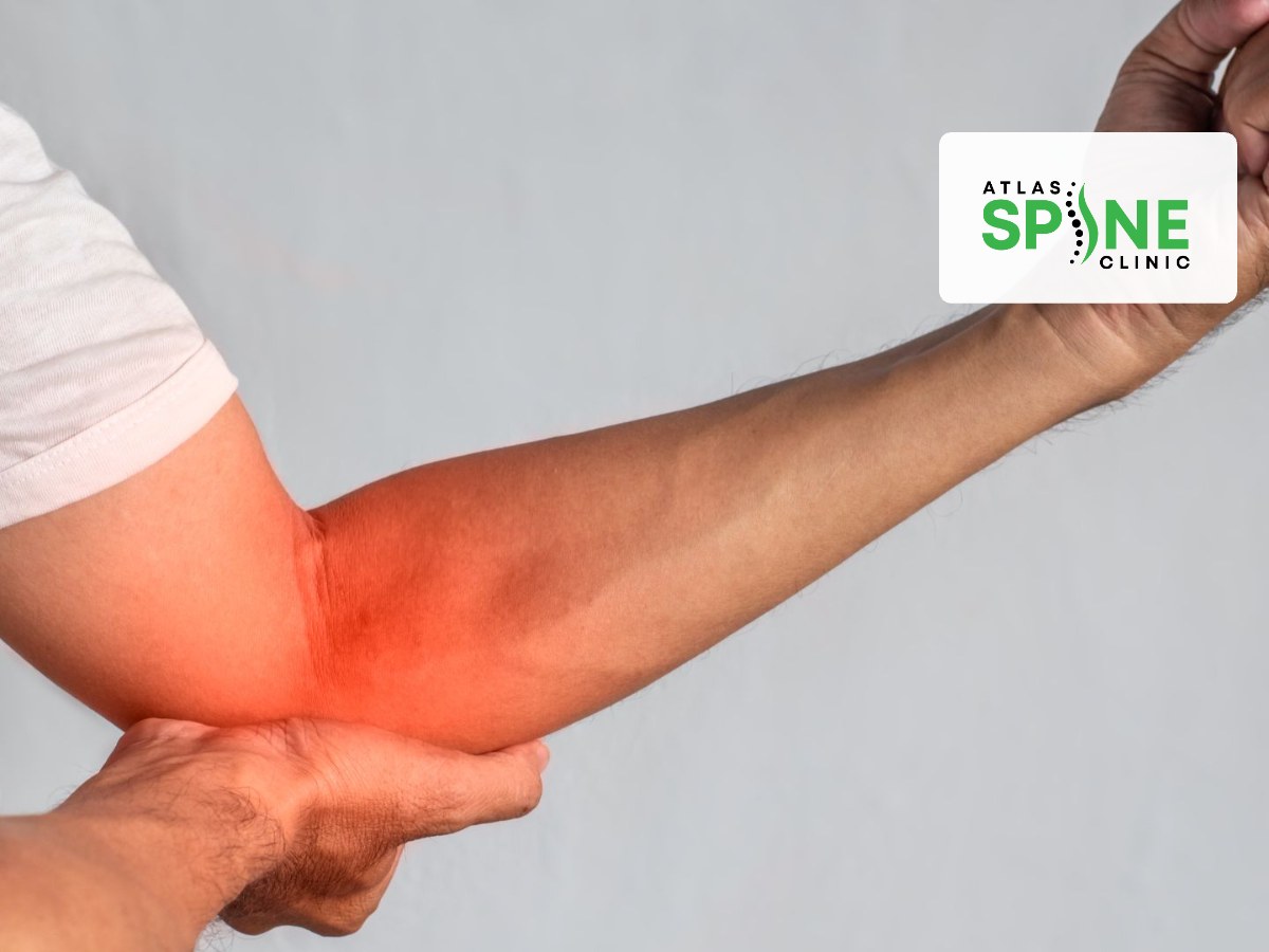 Person holding their elbow with a red glow marking the pain, typical of tennis or golfer's elbow