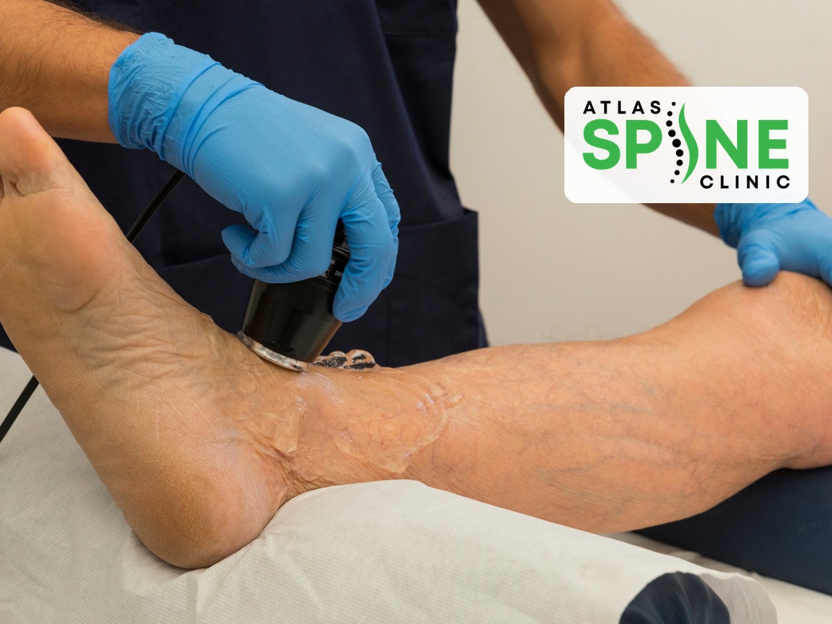 Laser therapy treatment on an ankle, used for tendon problems and post-surgical recovery