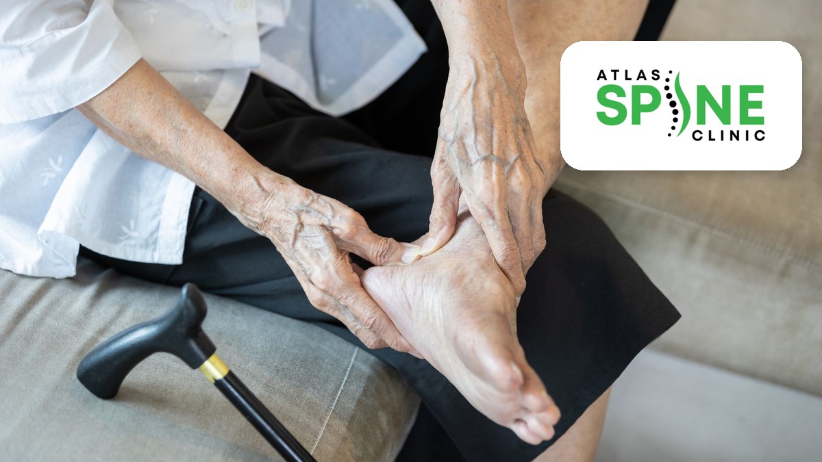 Older adult holding the back of the heel and ankle where the Achilles tendon is sore