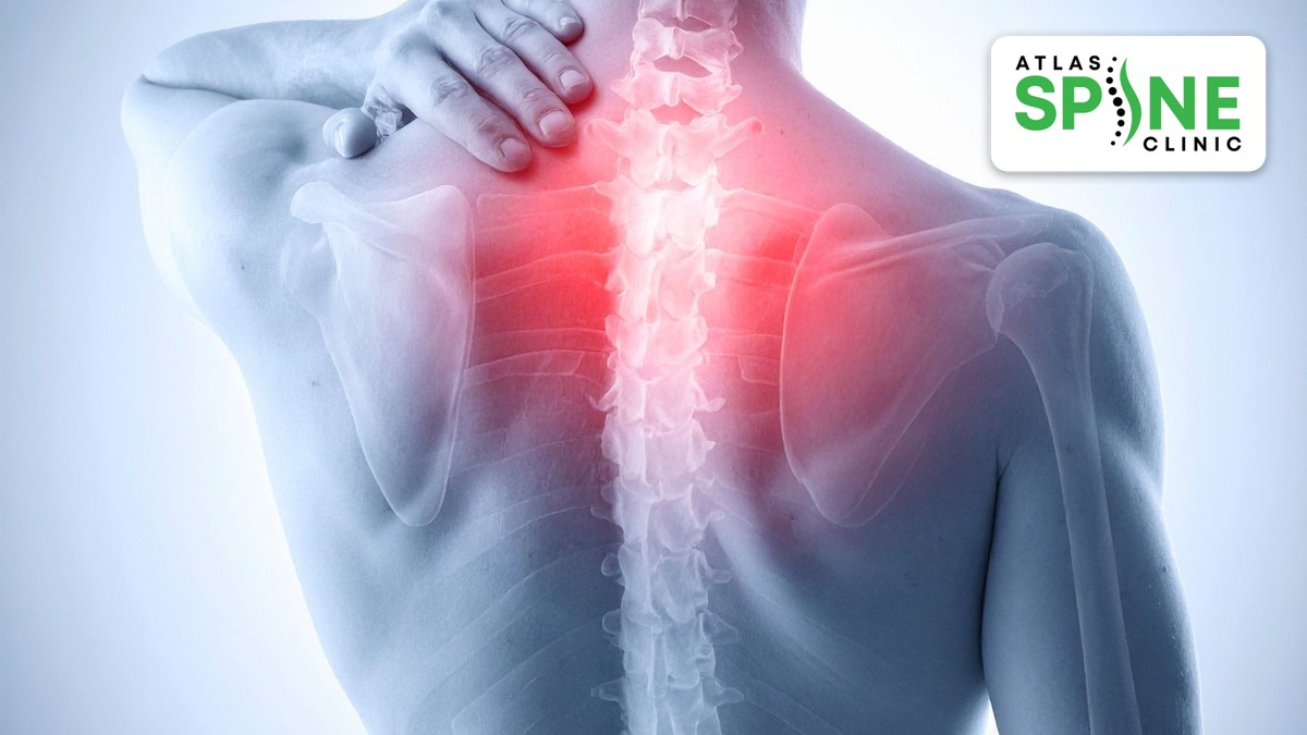 Anatomical illustration of the spine, highlighting where spinal stenosis narrows the spinal canal