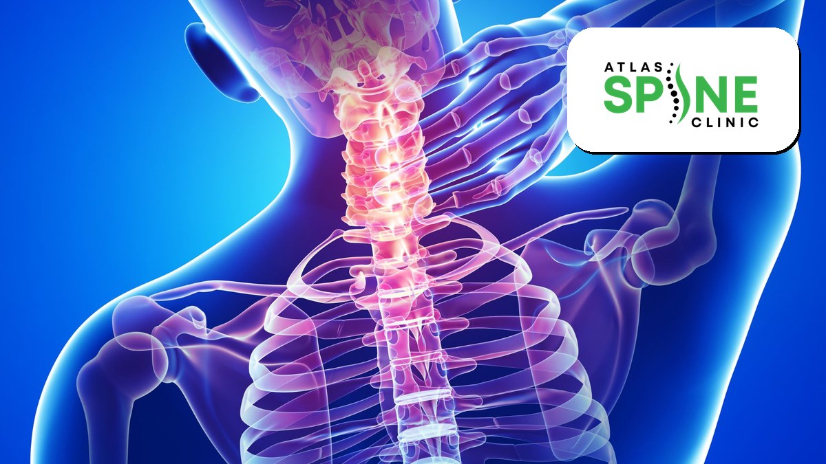 Cervical spine anatomy render highlighting neck strain from text neck