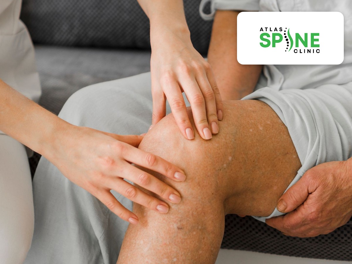Clinician assessing a knee for a meniscus tear at Atlas Spine Clinic in Scarborough